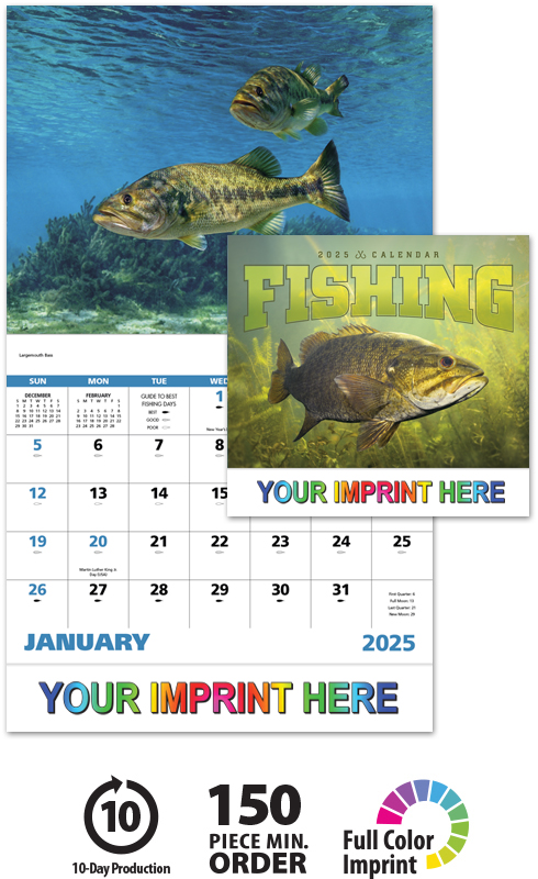 2025 Fishing Calendar  11 X 19 Imprinted Staple Bound; Drop Ad Imprint  Calendars
