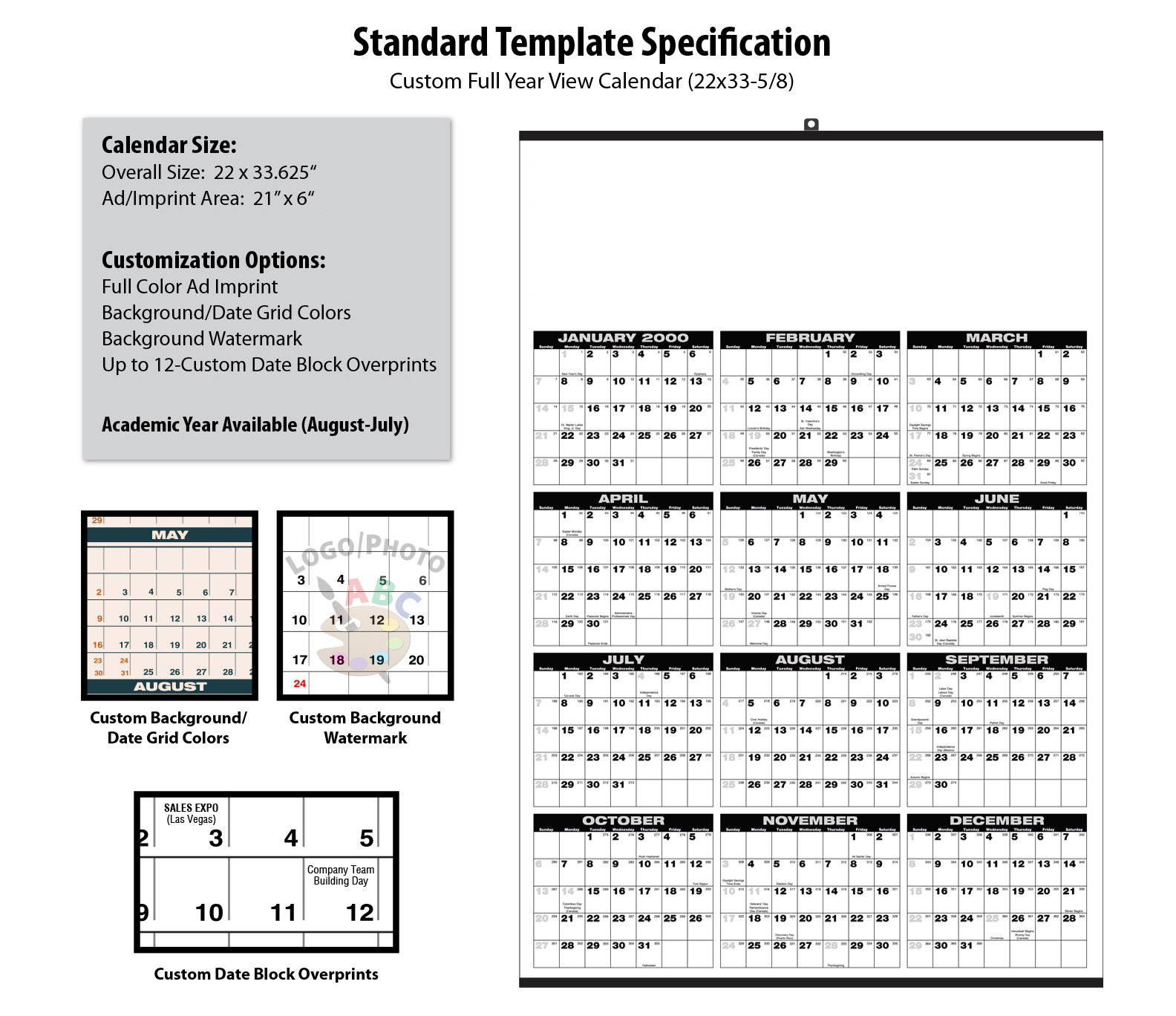 Custom Full Year View Calendar (22x335/8)