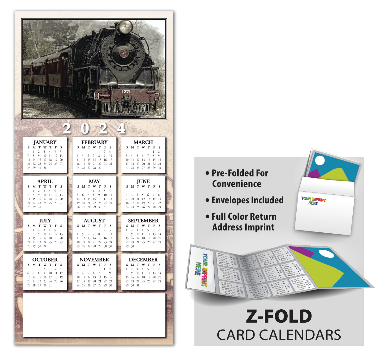 Steam Train Z-Fold Greeting Card Calendar | ValueCalendars.com