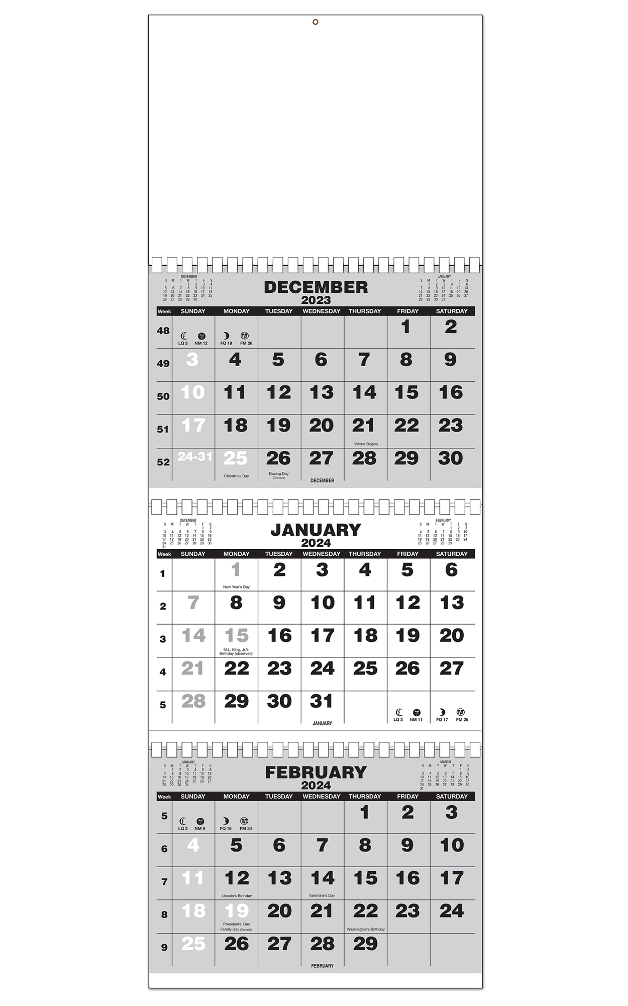 Three Month View / Four Panel Wall Calendar, GBC Comb Bound (11x32