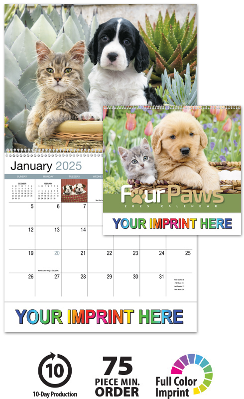 2024 Four Paws (Spiral) Wall Calendar | 10-7/8" x 18" Promotional