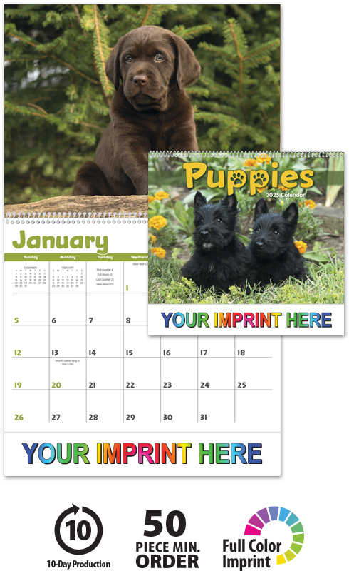2023 Puppies Calendar | 11" X 19" Imprinted Spiral Bound; Drop Ad