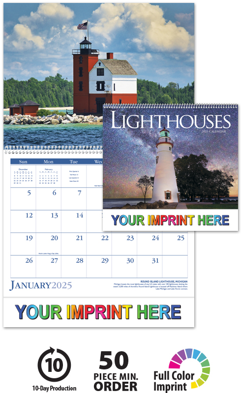 2025 Lighthouses Spiral Calendar  11" X 19" Imprinted Spiral Bound; Drop Ad Imprint Calendars