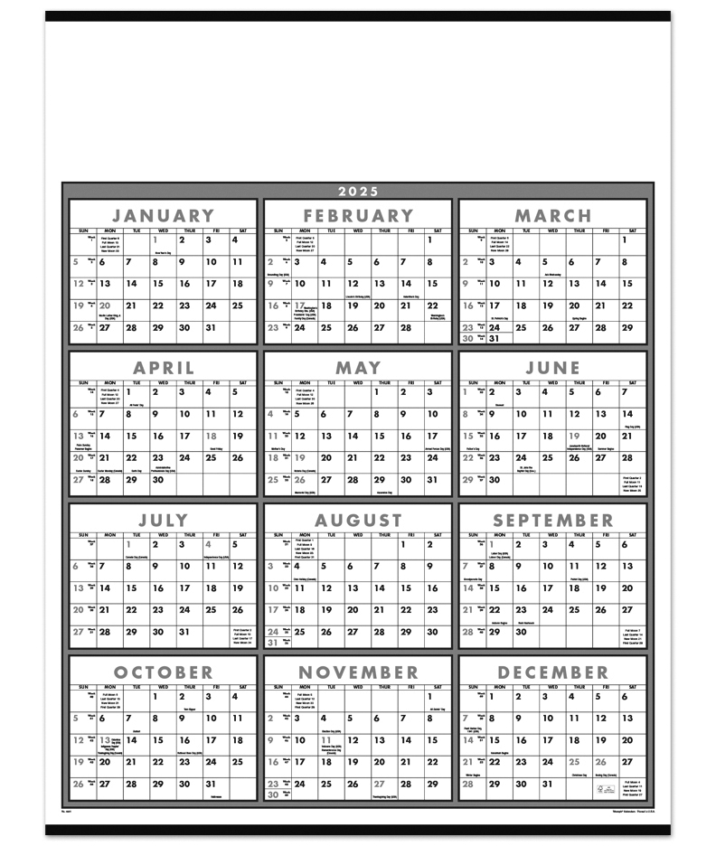 Span-A-Year (Non-Laminated) Calendar, Black & White | ValueCalendars.com