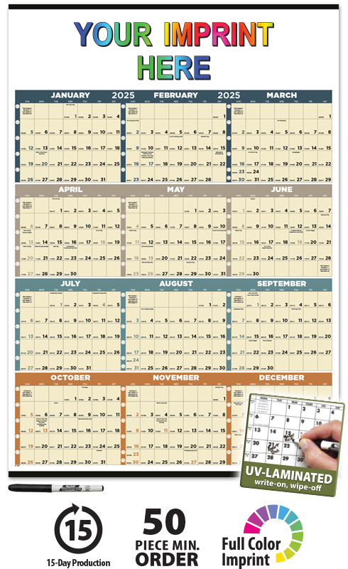 2025 Time Management Span-A-Year (Laminated) Calendar  27" x 38" Imprinted Full Year View 