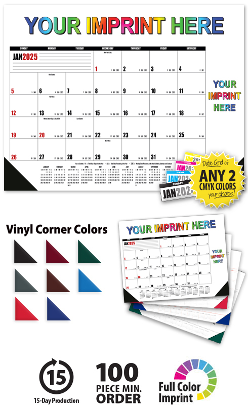 2025 Multi-Colored Desk Pad Calendar, Top & Right Side Ad | 22