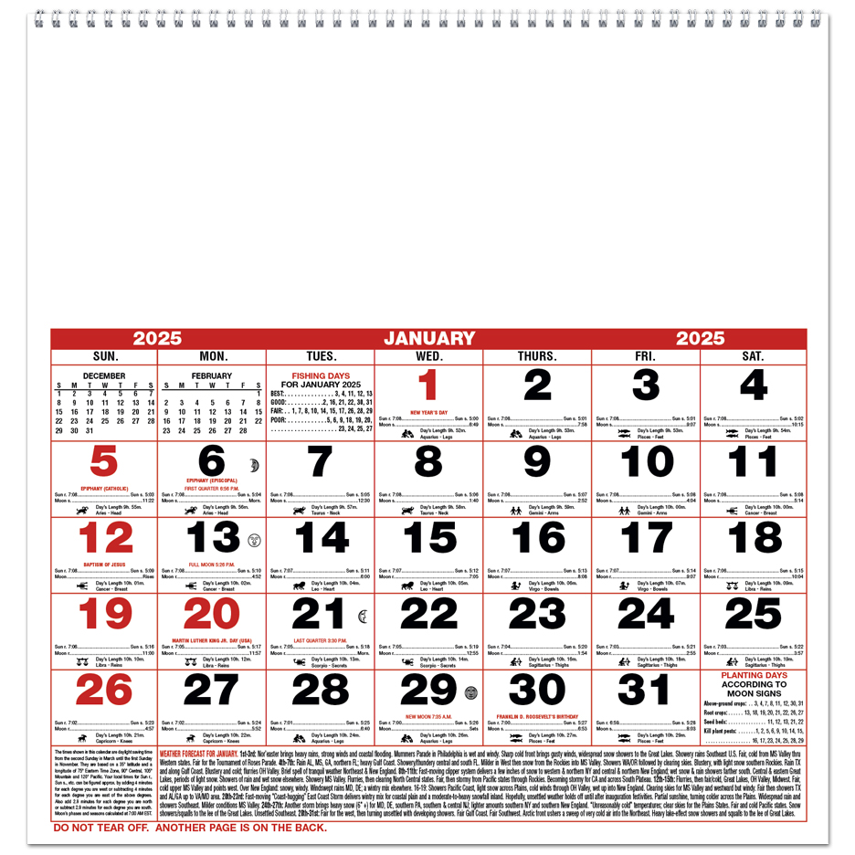 2025 Almanac Calendar, Small Spiral 11" x 11" Imprinted Almanac