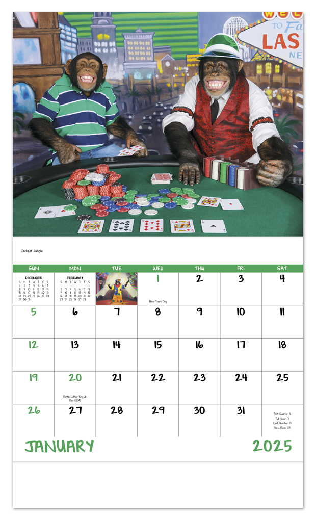 2024 Monkey Mischief Calendar | 11" X 19" Imprinted Staple Bound; Drop