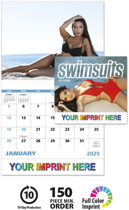 2025 Swimsuits Calendar  11" X 19" Imprinted Staple Bound; Drop Ad Imprint Calendars